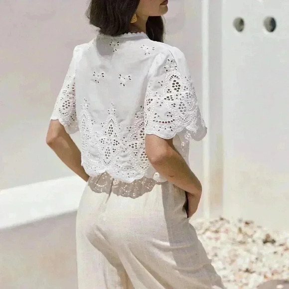 White Boho Women's Summer Ruffle Sleeve Embroidery Fabric Lace Up Short Top - Picture 3 of 6